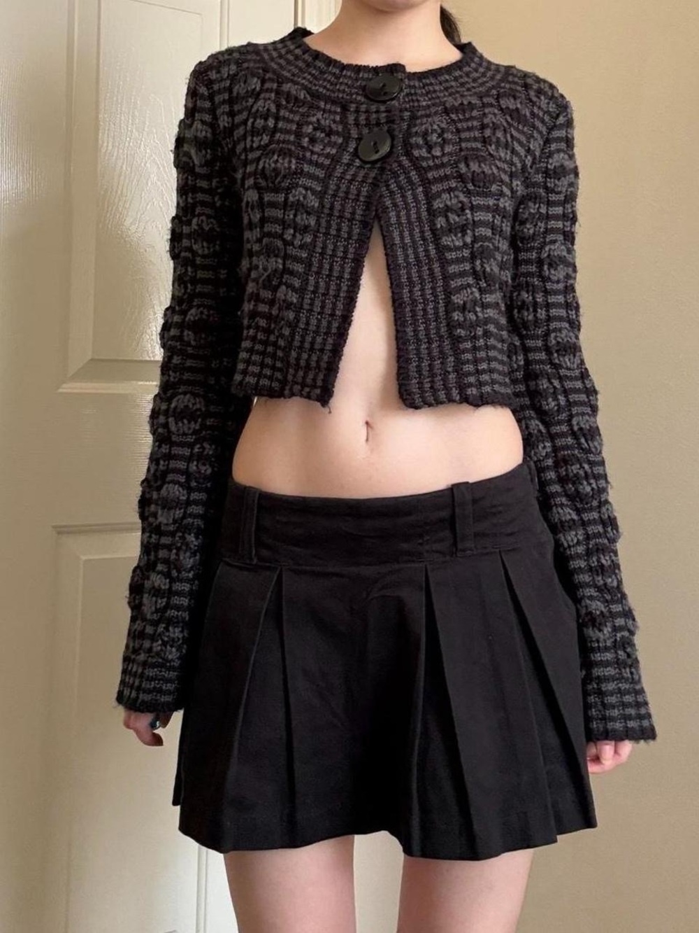 CAbi Cropped Chunky Knit Cardigan in Black and Gray